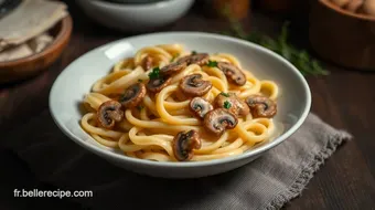 Recette de pâtes facile et originale : Pâtes crémeuses aux champignons recipe card