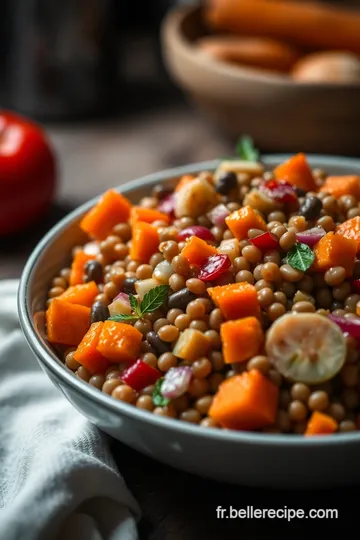 Salade de Lentilles Beluga aux Légumes Croquants et Vinaigrette au Miel presentation