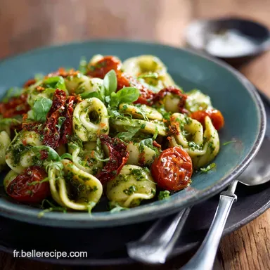 Salade de p&acirc;tes au pesto Recette facile mozza tomates s&eacute;ch&eacute;es