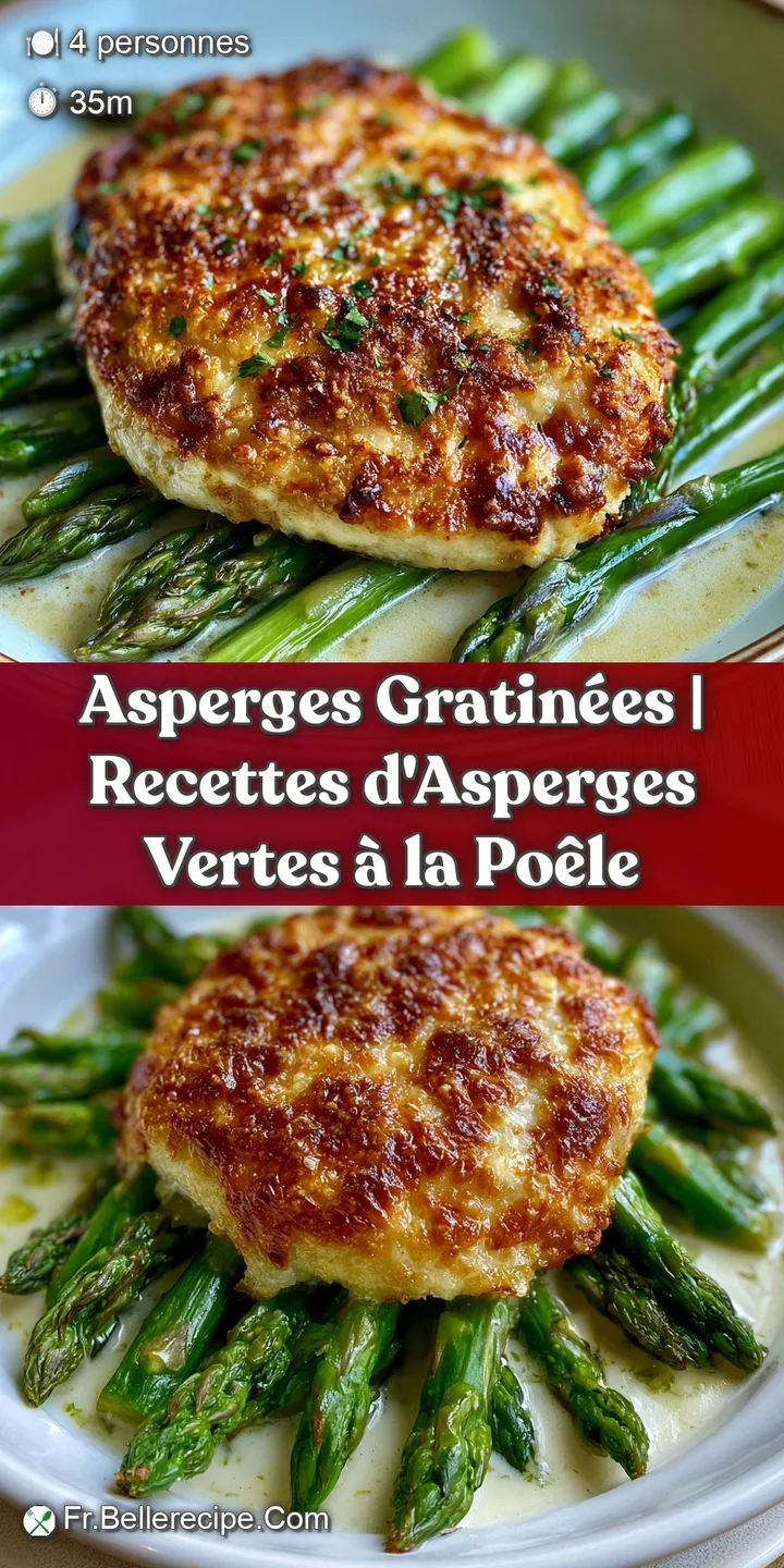 Gros plan sur du fromage gratin&eacute; et bouillonnant, dor&eacute; &agrave; souhait, recouvrant des pointes d'asperges tendres et vertes.