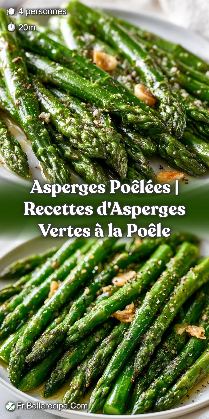 Gros plan sur des asperges tendres et brillantes, marqu&eacute;es par la po&ecirc;le, avec des petits morceaux d'ail croustillant.