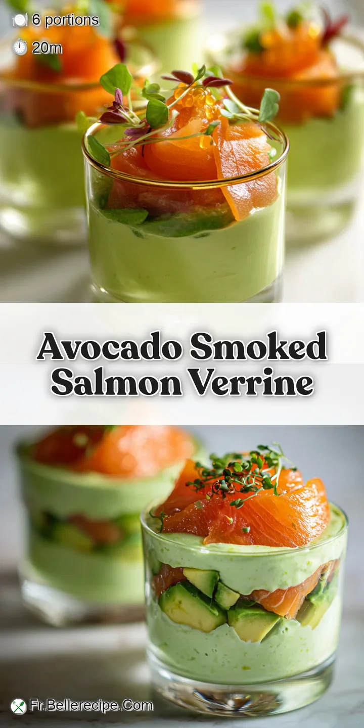 Close-up of an avocado and smoked salmon verrine; layers of creamy texture and vibrant color suggest fresh, delightful fla...