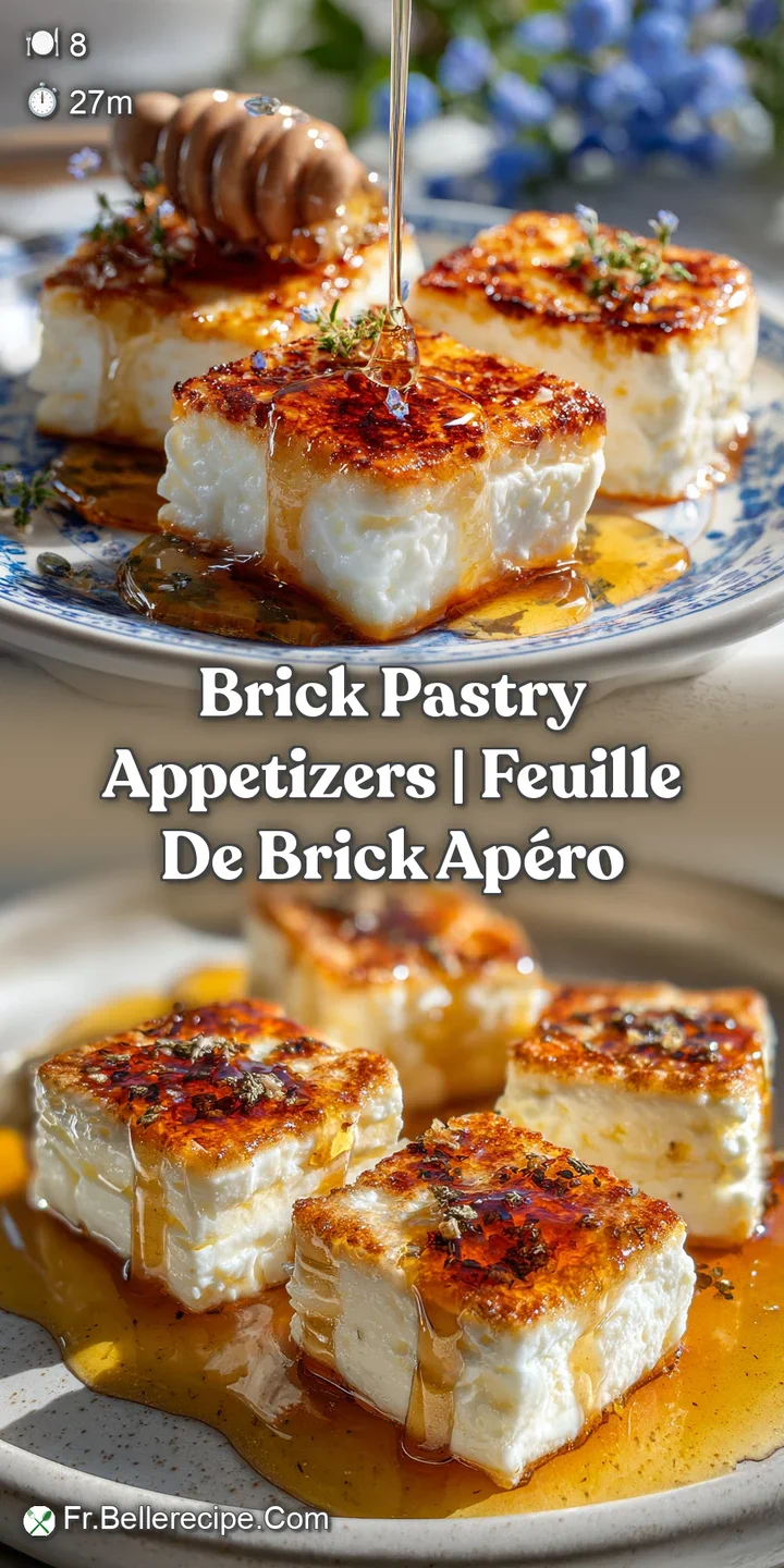 Close-up of a flaky, golden brick pastry appetizer, revealing its delicate layers. Visible buttery sheen and appealing cri...