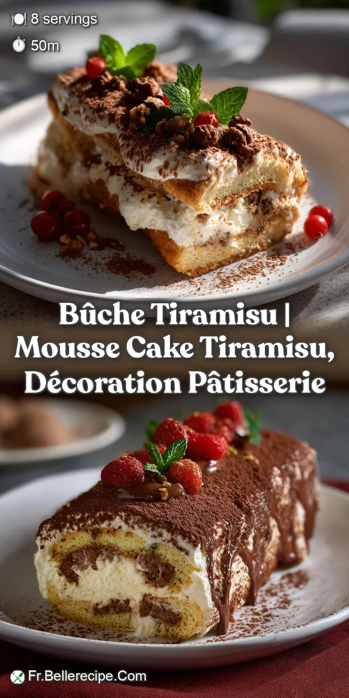 Close-up of the B&ucirc;che Tiramisu reveals soft, airy textures. The creamy filling appears smooth next to a dusting of dark ch...
