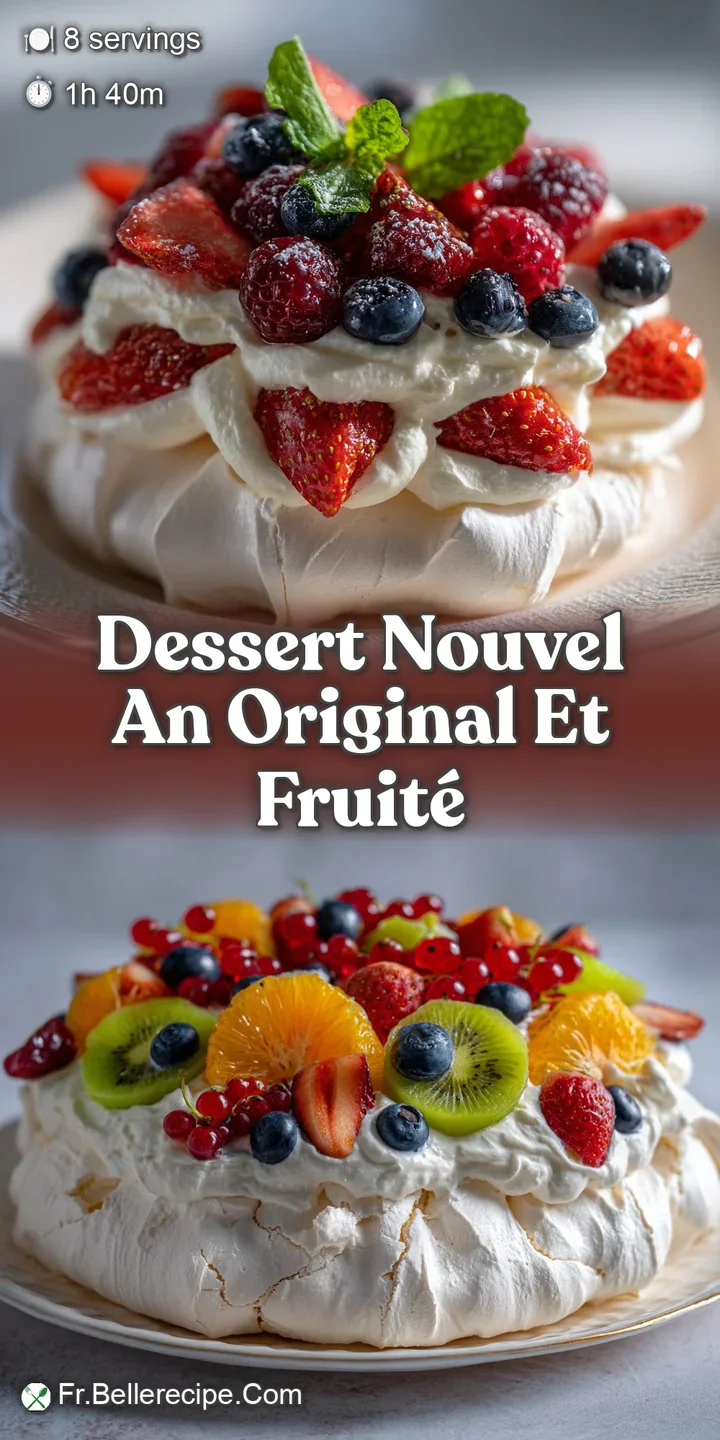 Close-up reveals a delicate meringue shell, creamy filling, and juicy fresh fruit glistening with a light glaze.