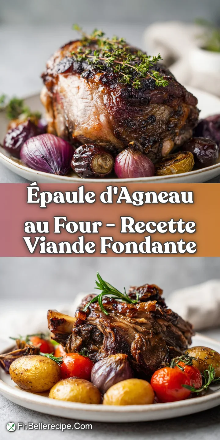 Close-up of succulent, shredded lamb shoulder, rich brown hues, with hints of savory herbs and juices.