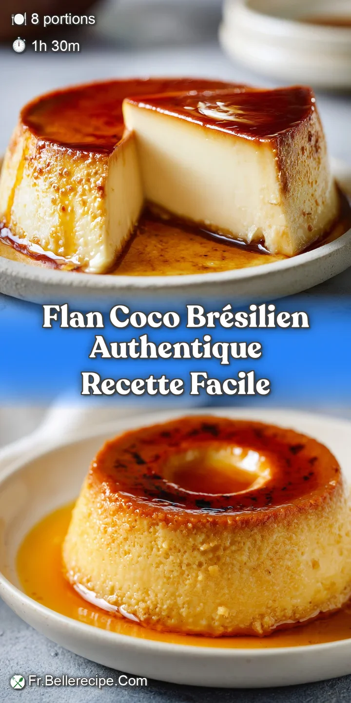 Silky smooth coconut flan with toasted coconut flakes and a drizzle of deep amber caramel, enticingly close up.