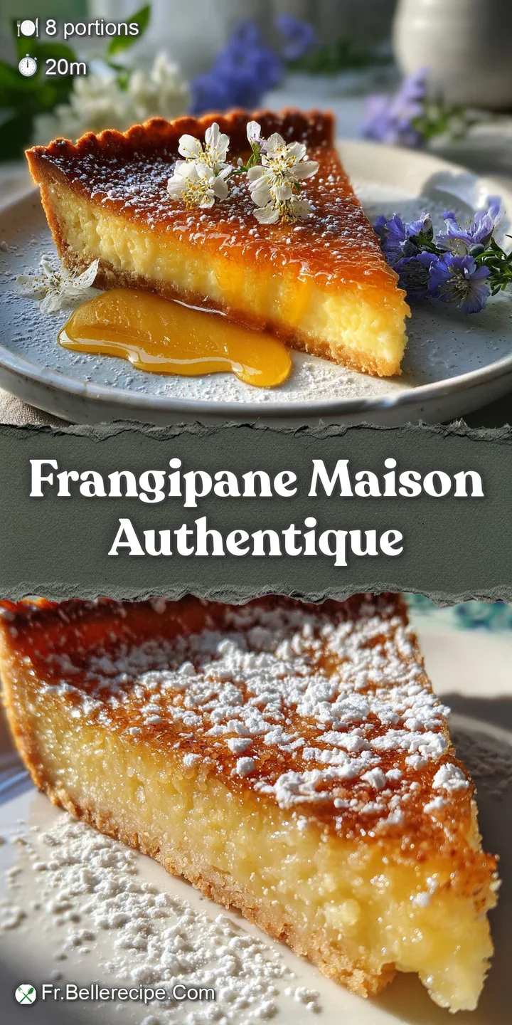 Close-up of a frangipane tart showcasing its smooth, creamy interior with toasted almond flakes on top and a light dusting...