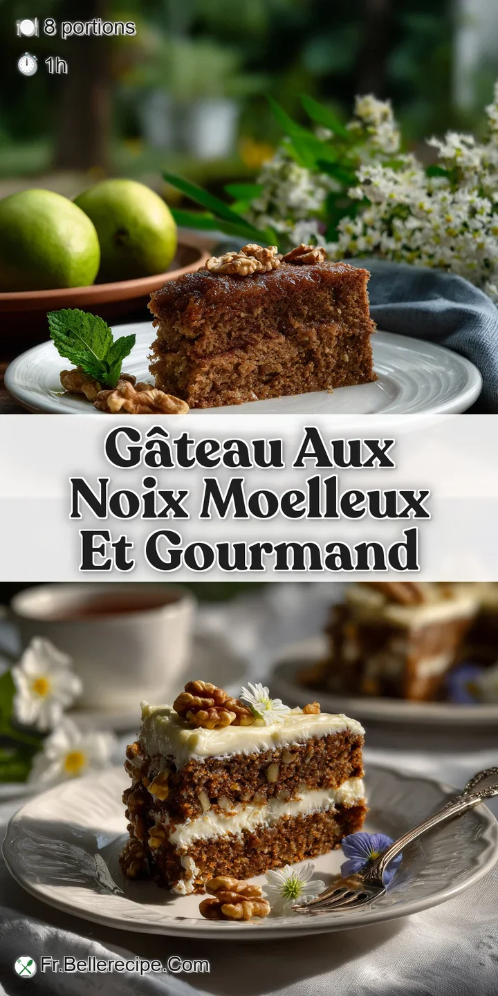 Close-up of a moist, nutty walnut cake slice. Shiny glaze hints at a rich, sweet flavor. Tempting and warm.