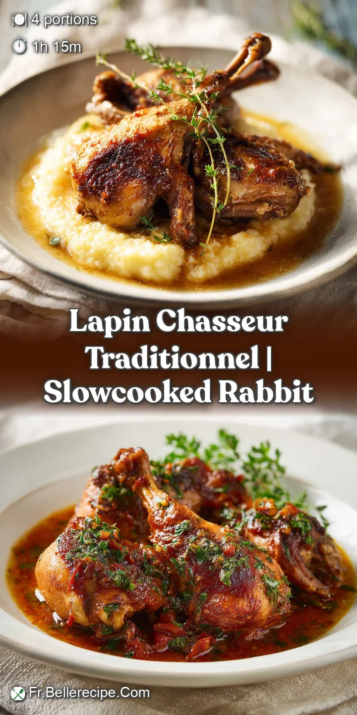 Close-up of glistening rabbit braised in a deep, earthy sauce, showcasing the tender texture and vibrant herbs. A comforti...