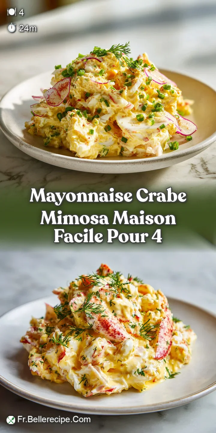 Close-up reveals the textures: moist crab, velvety mayonnaise, and soft, pale yellow egg. Utensil suggests an invitation.