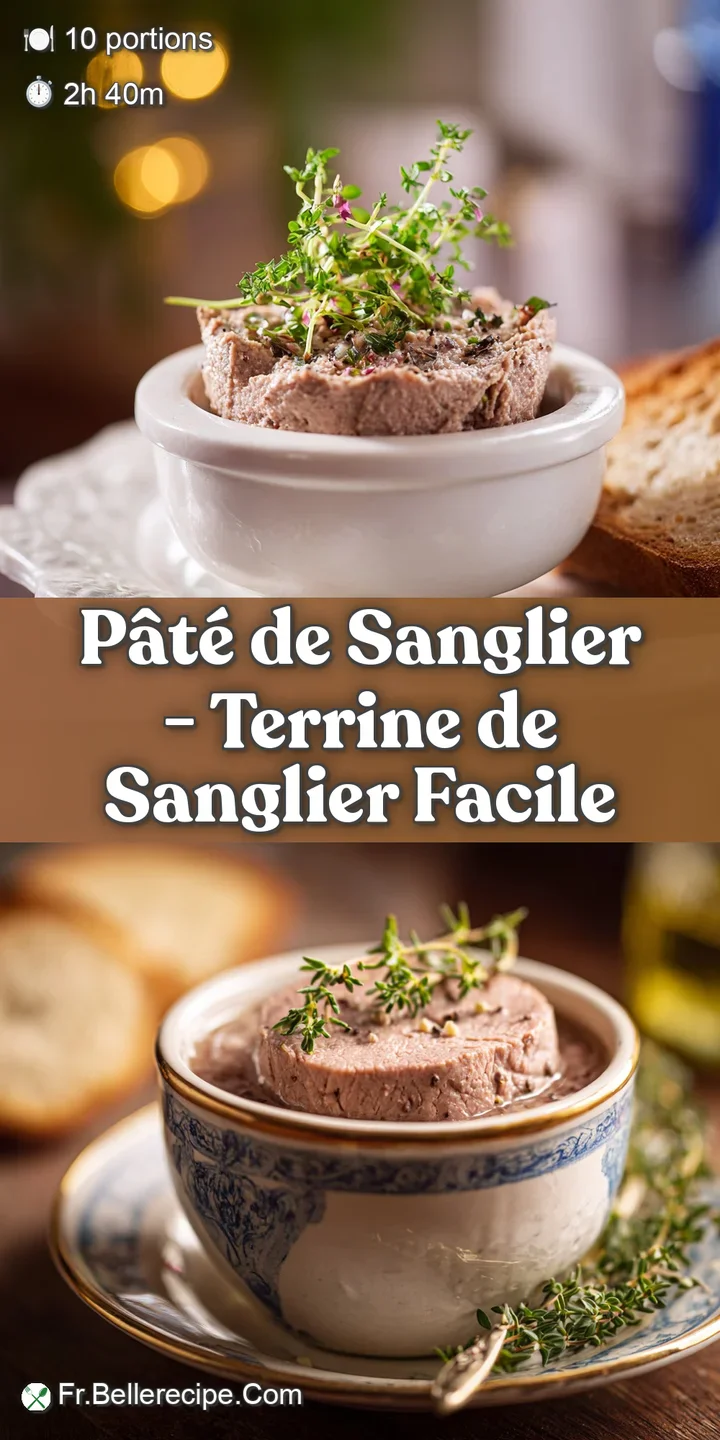 Close-up of wild boar p&acirc;t&eacute;: rich, dark color with a coarse, appetizing texture showing visible savory spices and herbs.