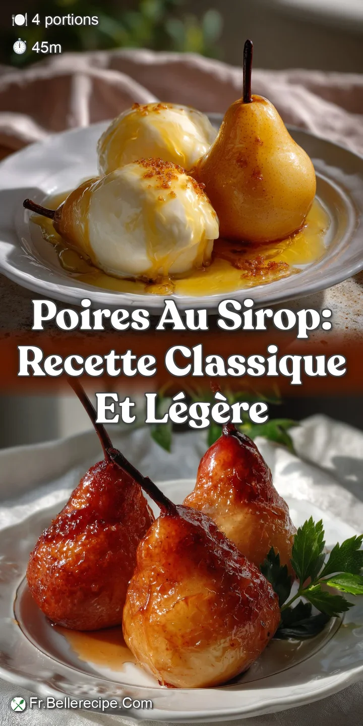 Close-up of succulent poached pear halves, rich amber hue, swimming in a fragrant syrup with visible spice flecks, capturi...