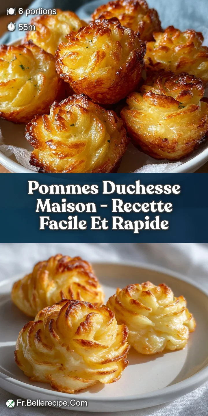 Close-up on a crispy, golden-brown Pommes Duchesse. Swirled potato perfection with a slightly rough, tempting texture.