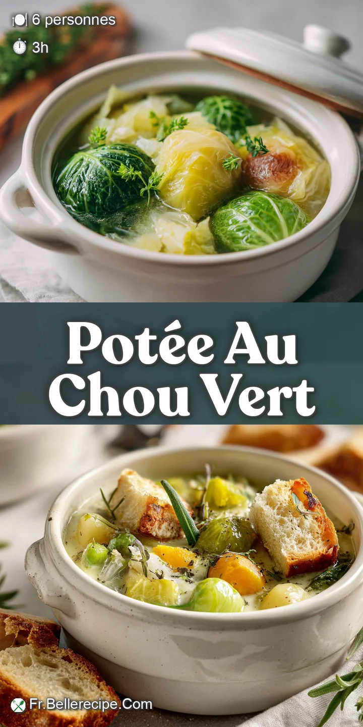 Close-up of appetizing pot&eacute;e. Meaty sausage, soft cabbage, and root vegetables swim in a flavorful, steaming broth.