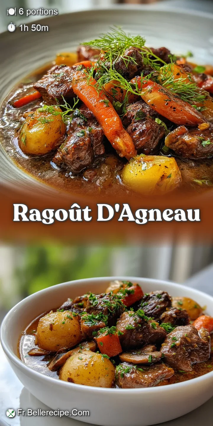 Close-up of succulent lamb pieces in a thick, hearty rago&ucirc;t. Hints of fresh herbs and simmered vegetables visible in the s...