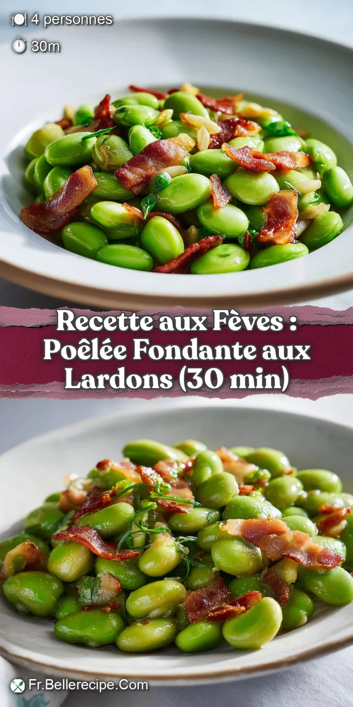 Close-up of bright green fava beans and crunchy, savory bacon bits, steam gently rising from the warm dish.