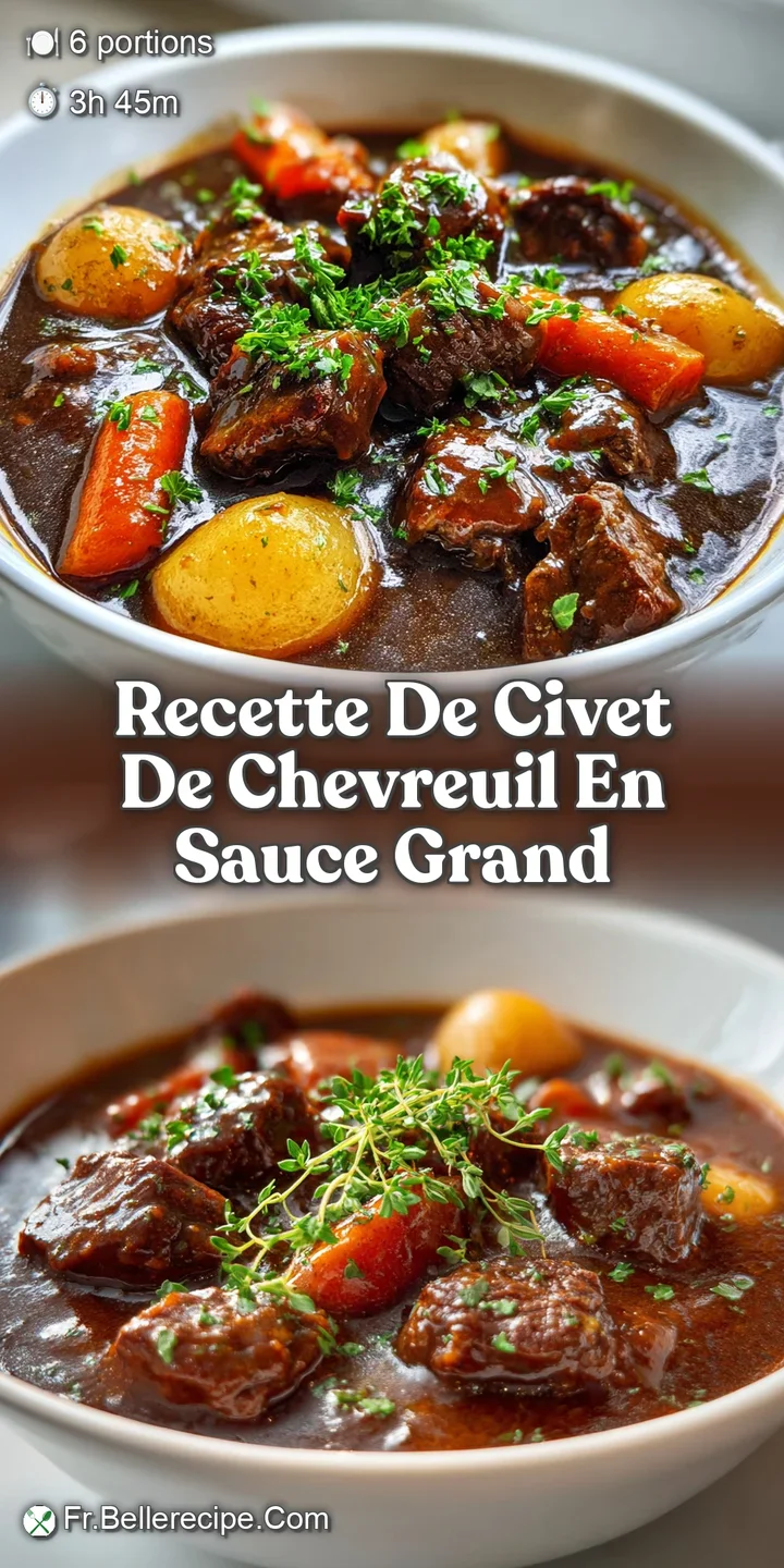 Close-up of glistening venison stew. Tender meat, plump mushrooms, and a deeply rich, dark sauce are the focus of this app...