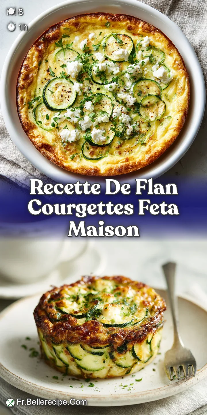 Close-up of zucchini and feta flan, showing a moist and slightly browned surface. Hints of herbs and cheese visible.