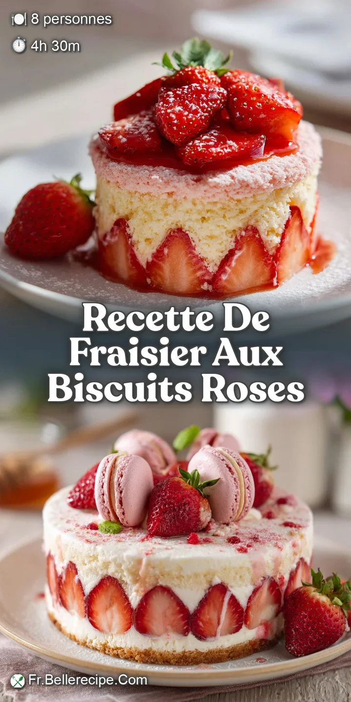 Close-up of Fraisier cake emphasizing the bright red strawberries and rich cream, contrasted against the pink-tinged biscu...