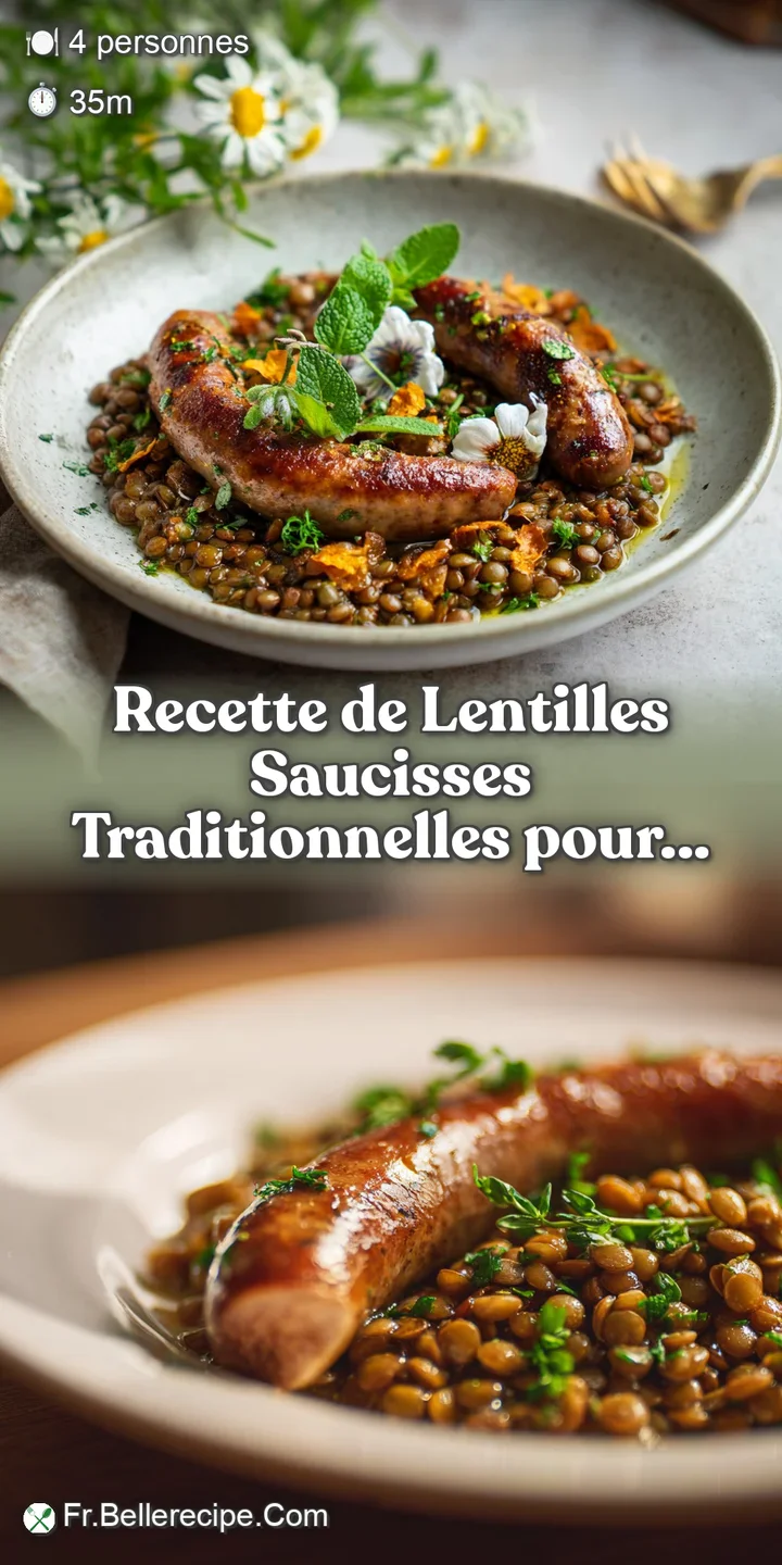 Close-up of simmered lentils and juicy sausage slices. Shiny, glistening texture with herbs. A hearty and delicious dish.