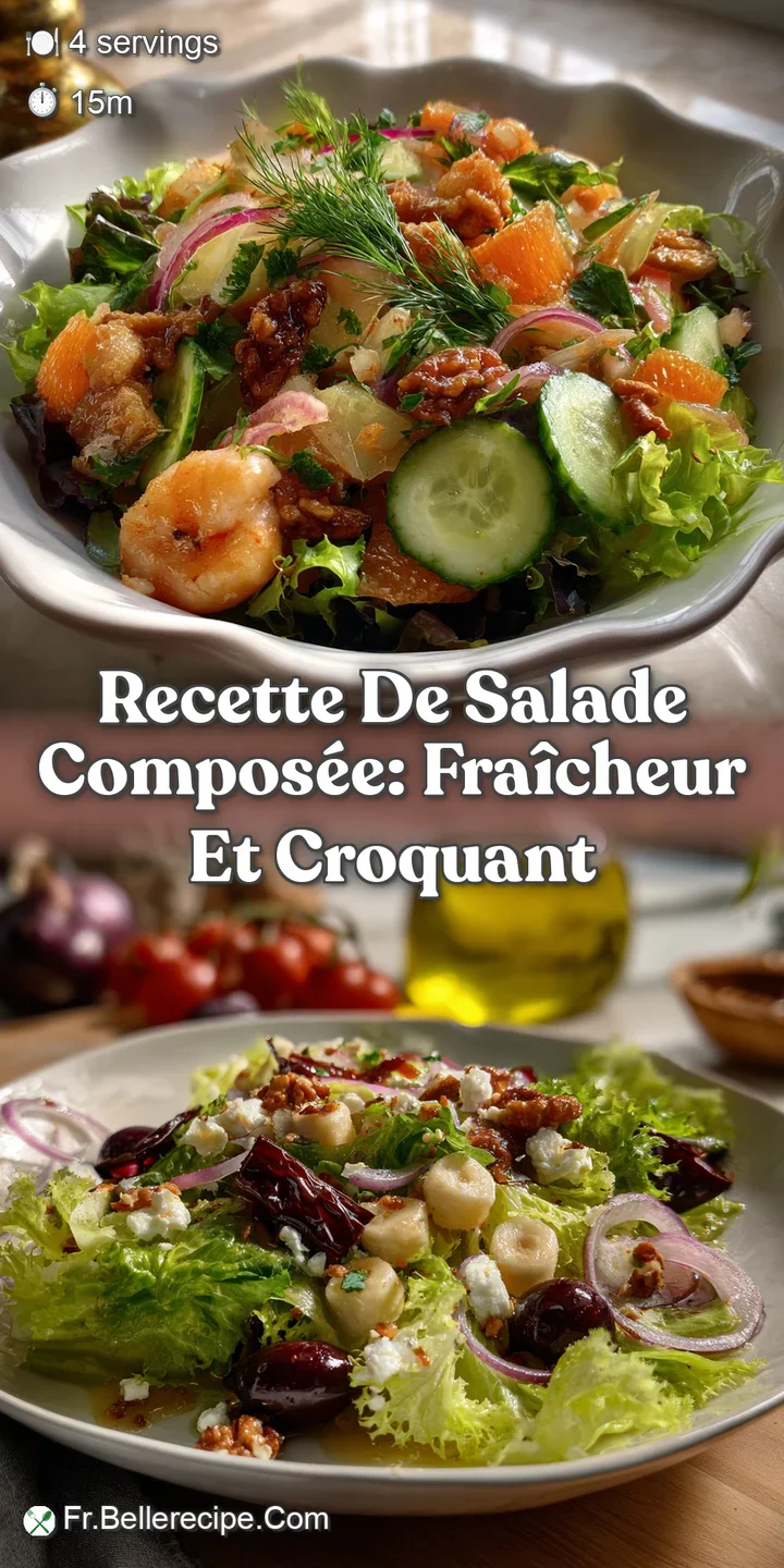 Close-up shot of the salad, highlighting the textures: glistening dressing, fresh greens, and the vibrant colors of the in...