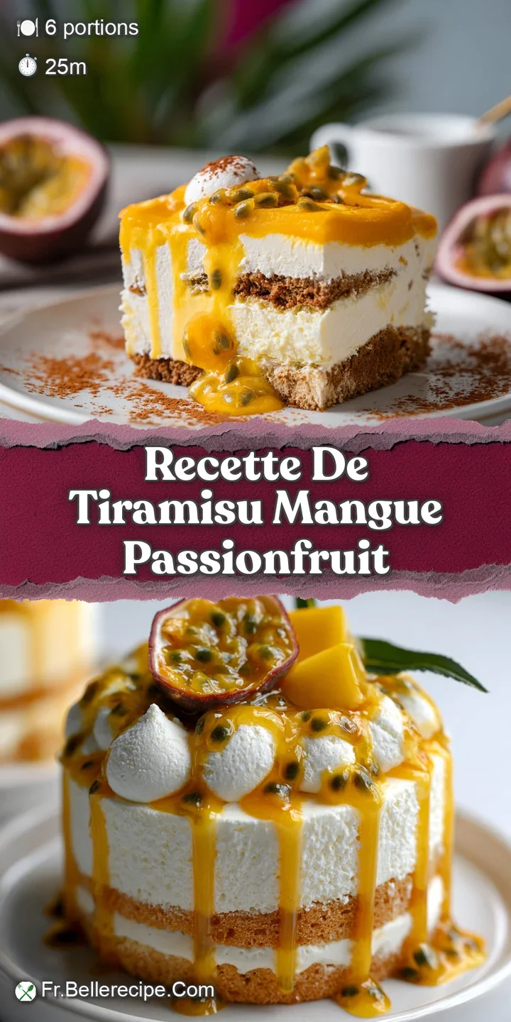 Close-up of creamy tiramisu with mango passionfruit. Soft, airy texture, bright colors, cocoa dusting invite a sweet indul...
