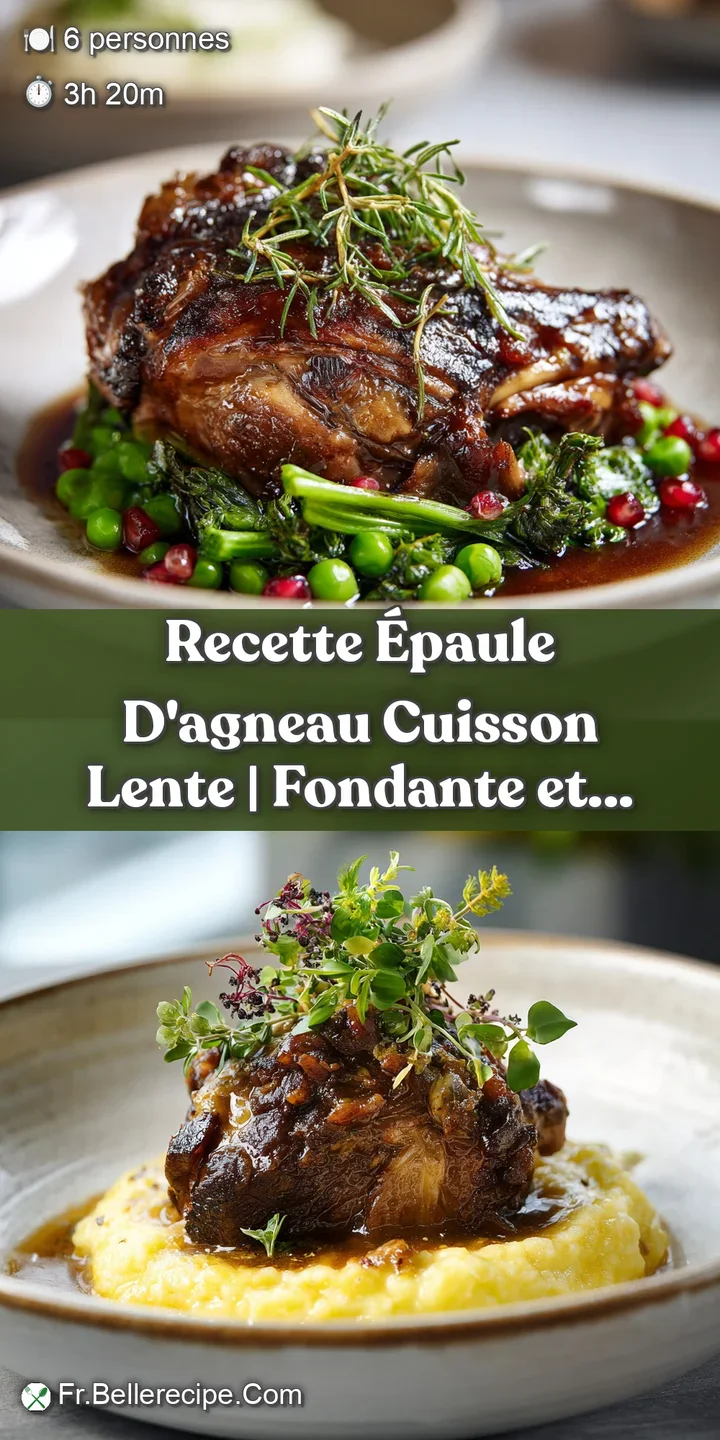 Close-up shot of succulent, slow-cooked lamb shoulder, showcasing its rich color and melt-in-your-mouth texture with herb ...