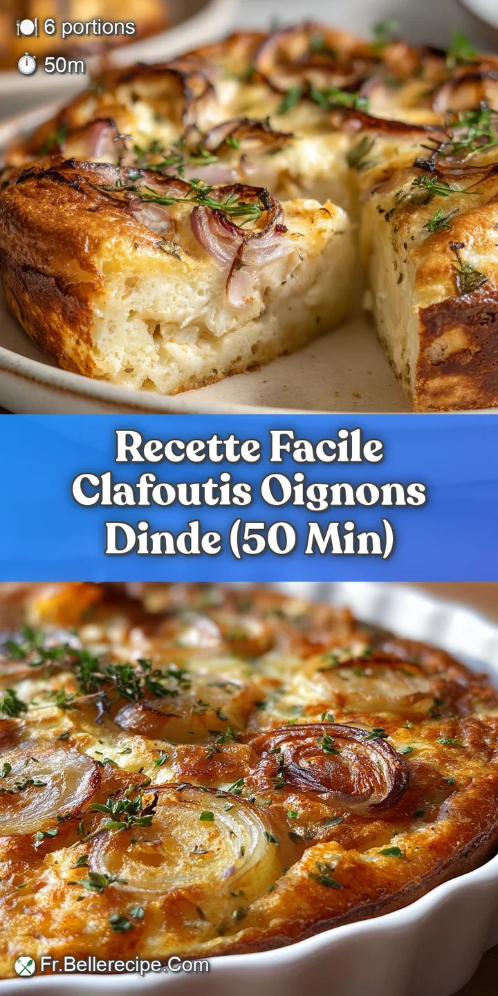 Close-up of savory clafoutis with caramelized onions. Soft, puffy batter with browned edges offers a comforting and delici...