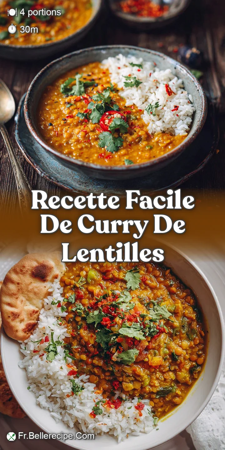 Close-up of rich, textured lentil curry; steam rises, showing the vibrant spices and fresh herbs throughout the dish.