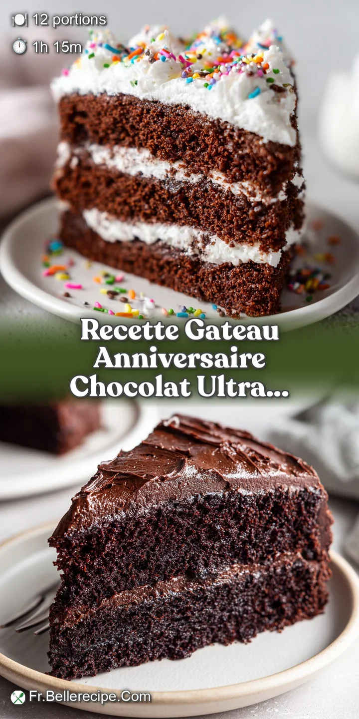 Close-up of a moist, dark chocolate cake. Creamy, glossy ganache frosting with a dusting of cocoa powder.
