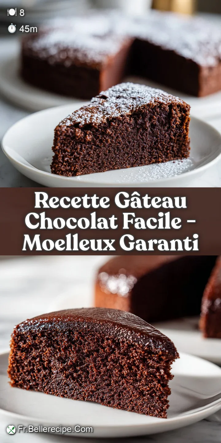 Close-up of a decadent chocolate cake revealing a moist, dense crumb with a glossy, rich ganache.