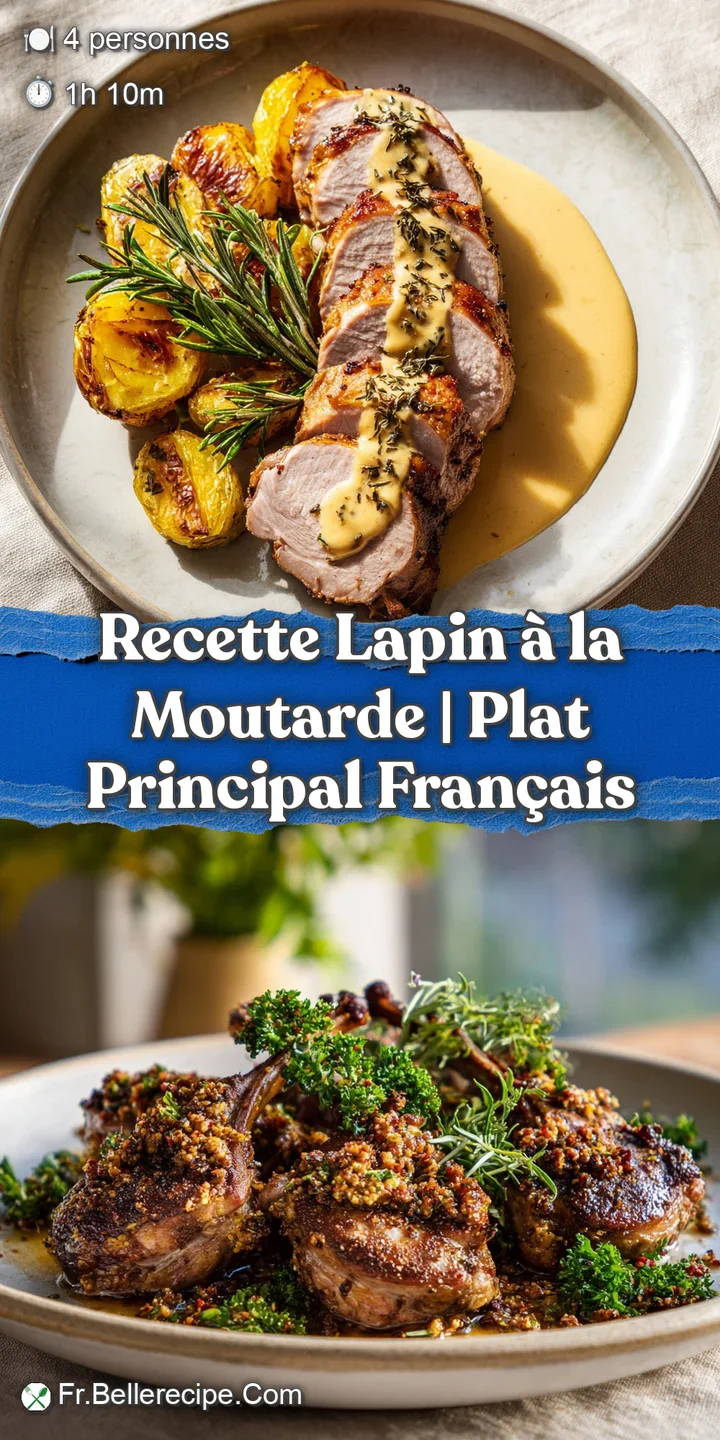 Close-up of creamy, golden mustard sauce clinging to tender pieces of rabbit, highlighting the dish's rich texture and inv...