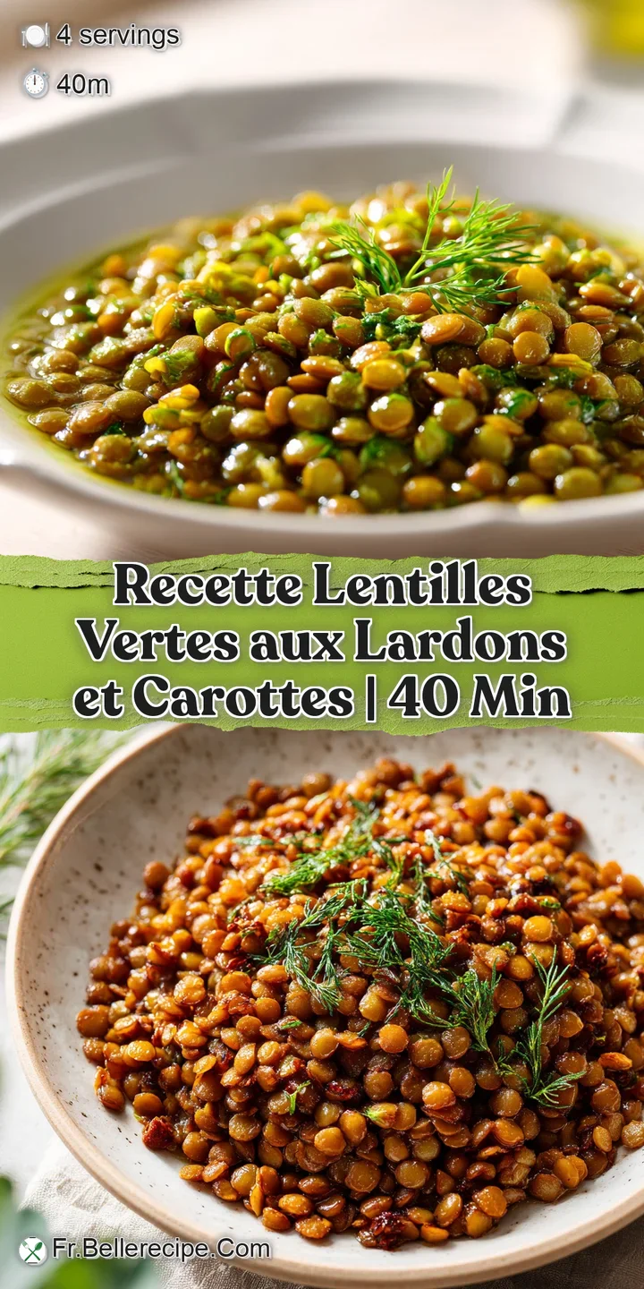 Close-up of hearty lentils with glistening lardons. A spoonful highlights the rich, savory broth. Inviting and comforting.