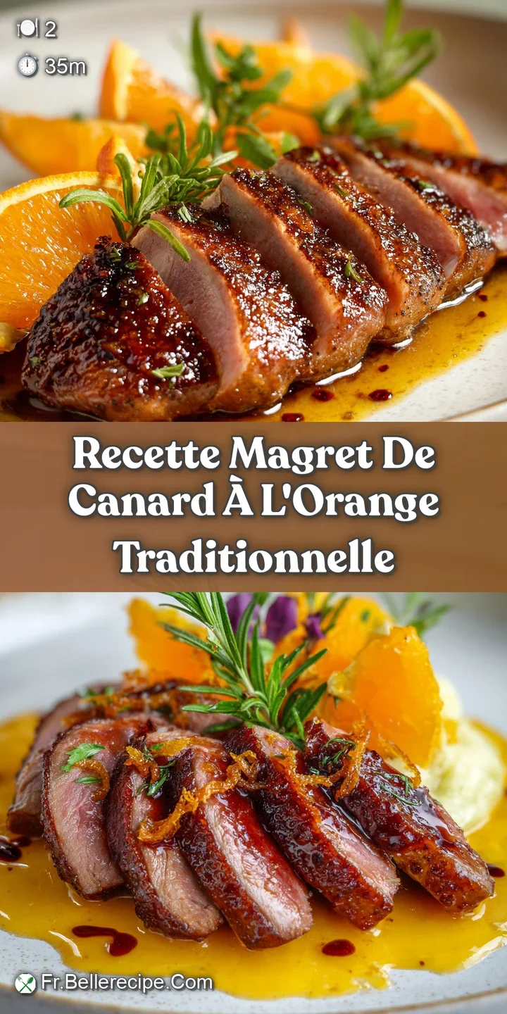 Close-up of juicy duck breast, showing crispy skin, with a glistening, tangy orange sauce dripping over the side.