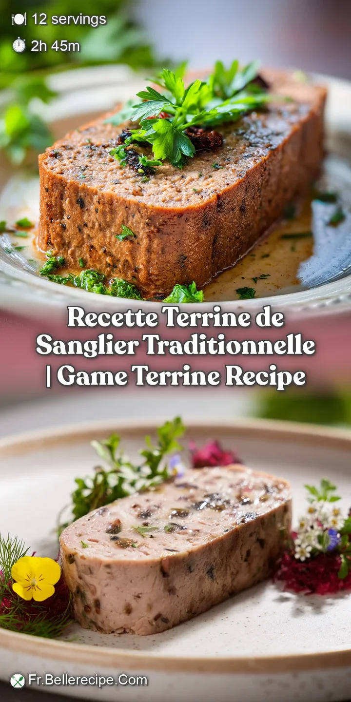 Close-up of the terrine's marbled texture, showcasing the wild boar meat, herbs, and spices; visually enticing and savory ...