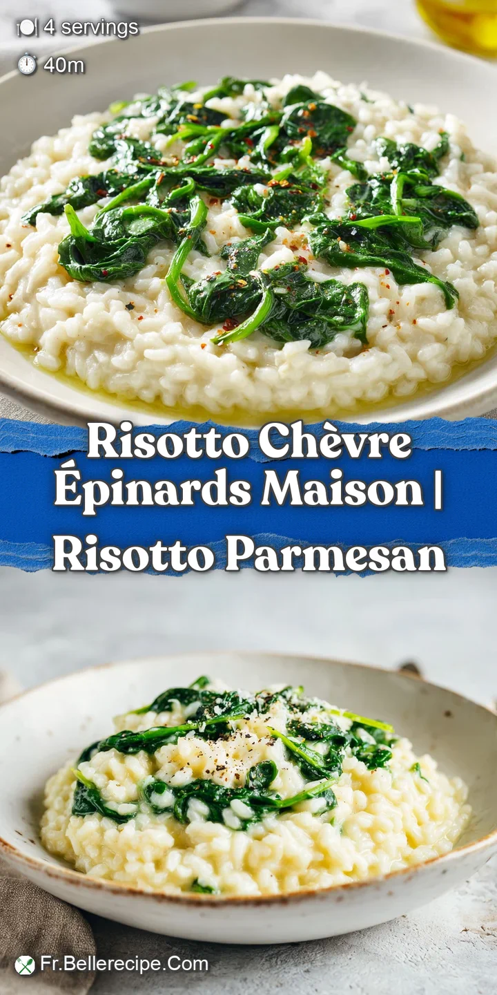 Close-up of rich, vibrant green risotto. The creamy texture, speckled with spinach, is topped with soft, tangy goat cheese.