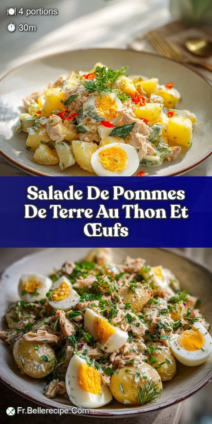 Close-up of a creamy potato salad with chunks of tuna, sliced egg, and a sprinkle of fresh herbs. Looks perfectly chilled ...