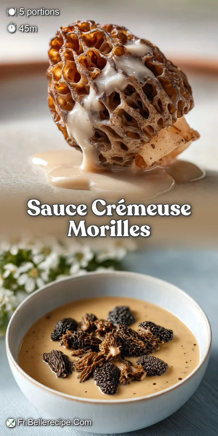 Close-up of velvety cream sauce studded with wrinkled morel mushrooms. The sauce has a rich, subtle sheen, promising deep ...
