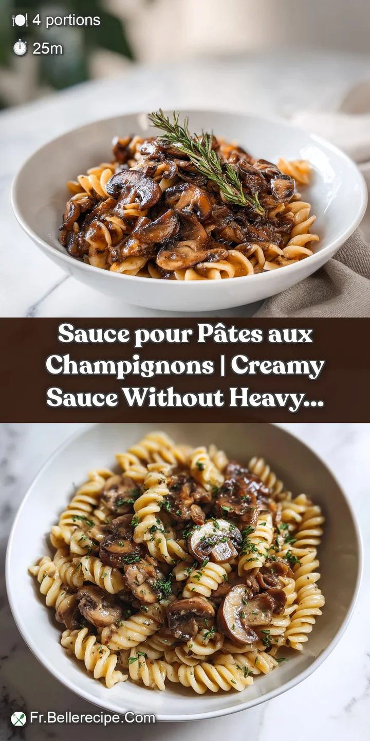 Close-up of tender pasta coated in a velvety mushroom sauce, glistening with herbs and steam.