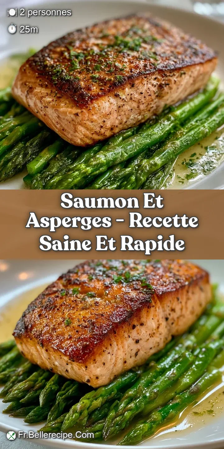 Gros plan sur la chair tendre et feuillet&eacute;e du saumon ros&eacute;, avec des pointes d'asperges l&eacute;g&egrave;rement grill&eacute;es et luisantes.
