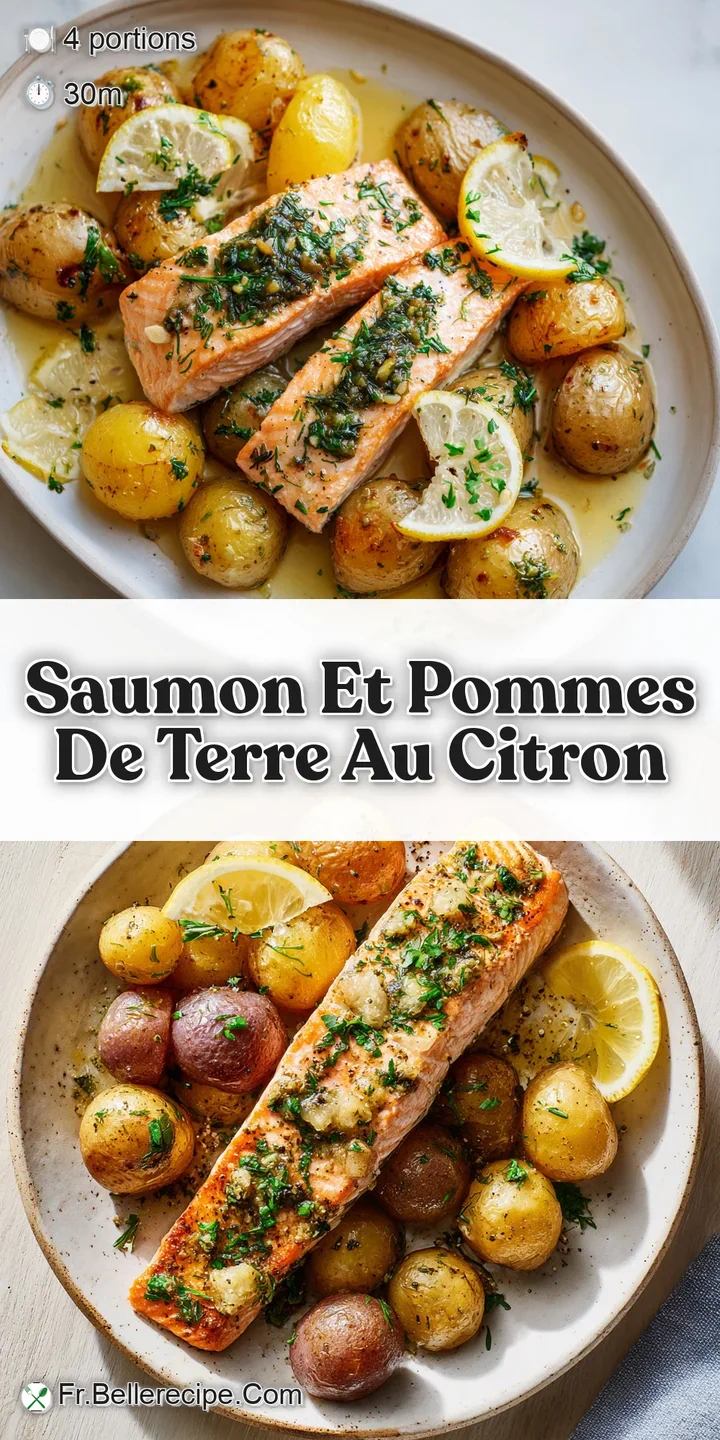 Close-up: juicy salmon with crispy skin, tender potatoes glistening with lemon, flecks of herbs. A tantalizing, appetizing...