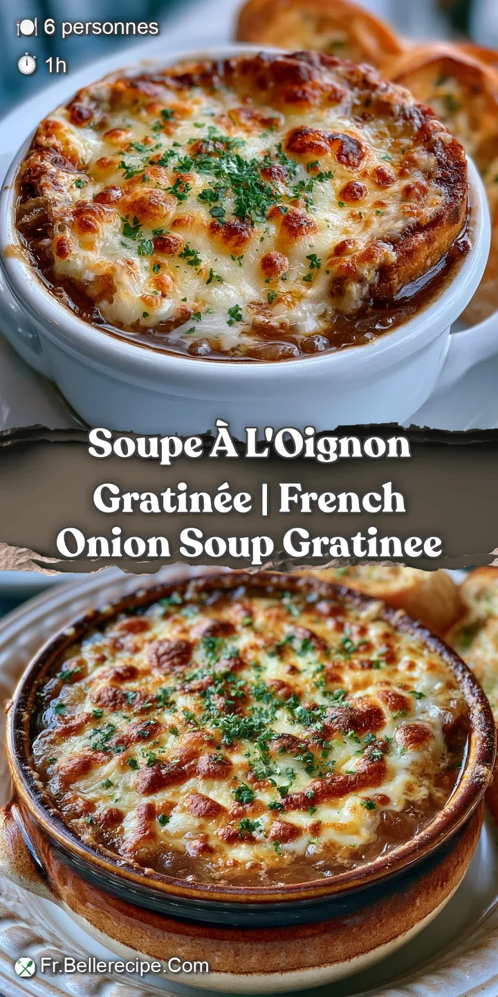 Gros plan sur le fromage filant et dor&eacute; qui fond sur une tranche de pain grill&eacute;, plong&eacute;e dans un bouillon brun riche.