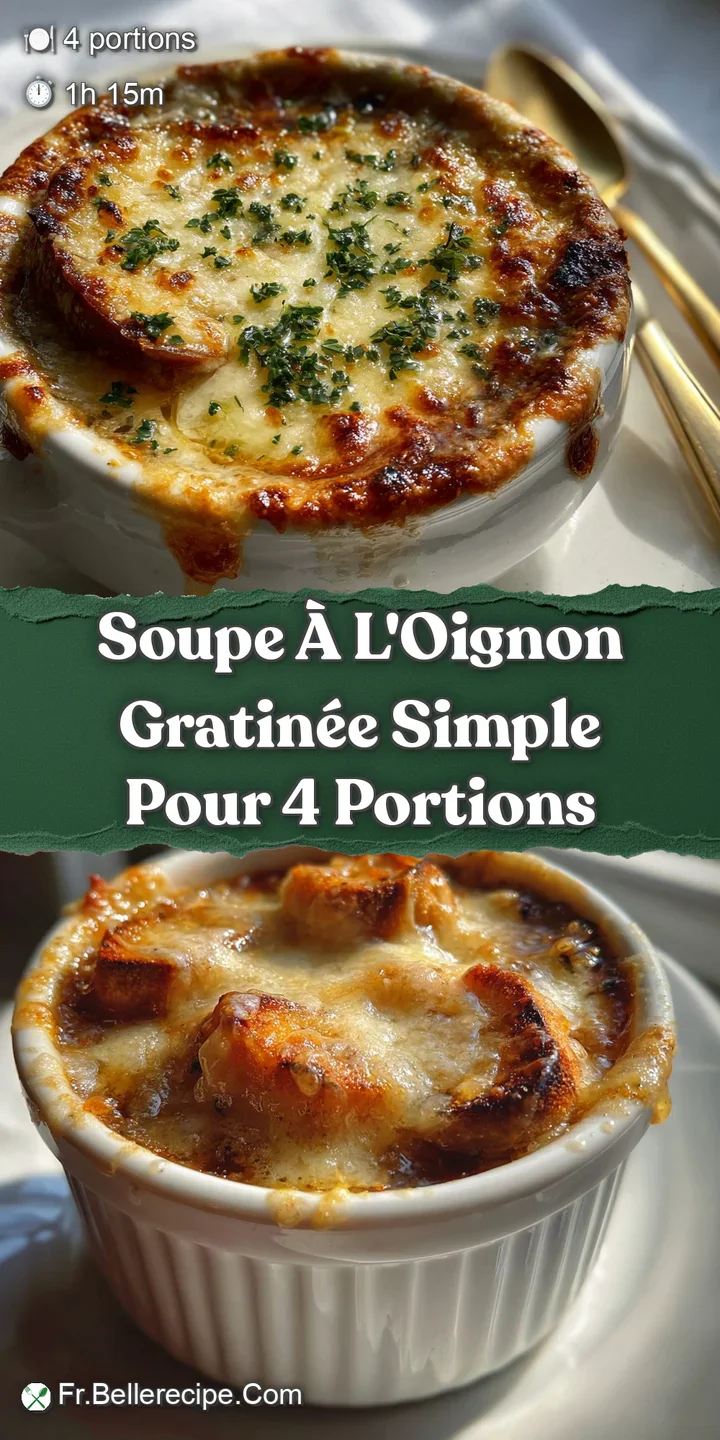 Close-up of caramelized onions swimming in rich broth, topped with a thick layer of browned, bubbly, and melted cheese.