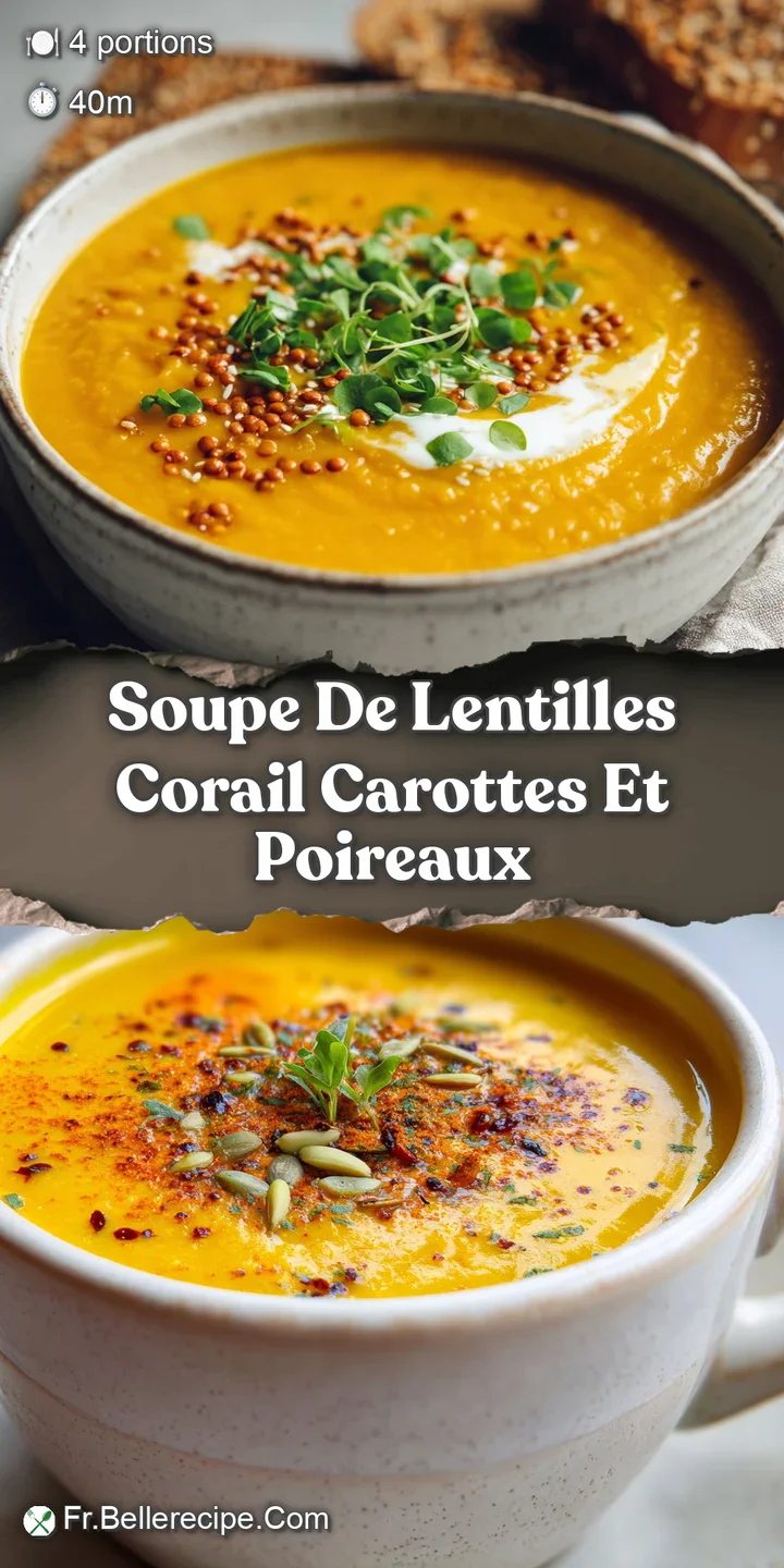 Close-up of hearty lentil soup: shimmering droplets on surface, visible carrot bits, and chopped leeks create a comforting...