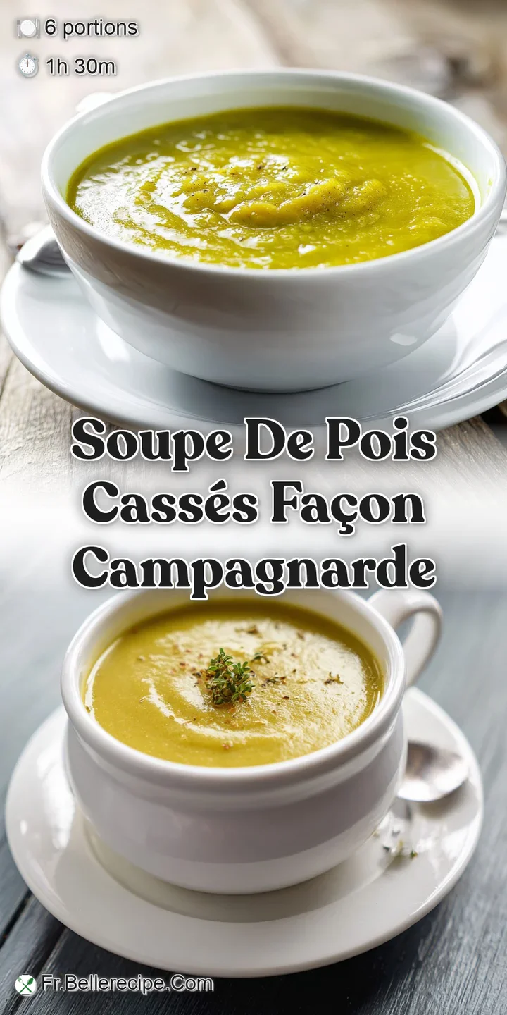 Close-up of thick split pea soup. Notice the soft, yielding texture and vibrant green color, topped with golden-brown crou...