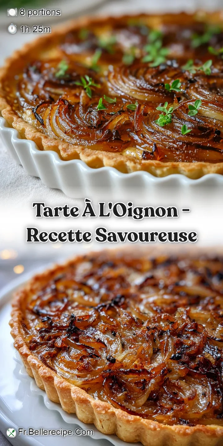 Close-up of a caramelized onion tart reveals textures of flaky dough and softened, sweet onions with browning.