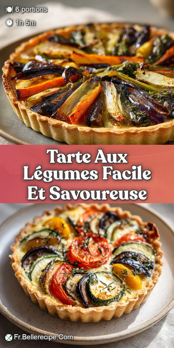 Close-up of a vegetable tart: bright, fresh vegetables peek from a buttery crust; hints of herbs and steam evoke a savory ...