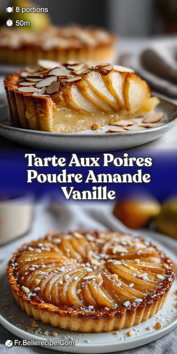 Close-up of a glistening pear tart slice, highlighting the caramelized pears and creamy filling within a buttery, golden c...