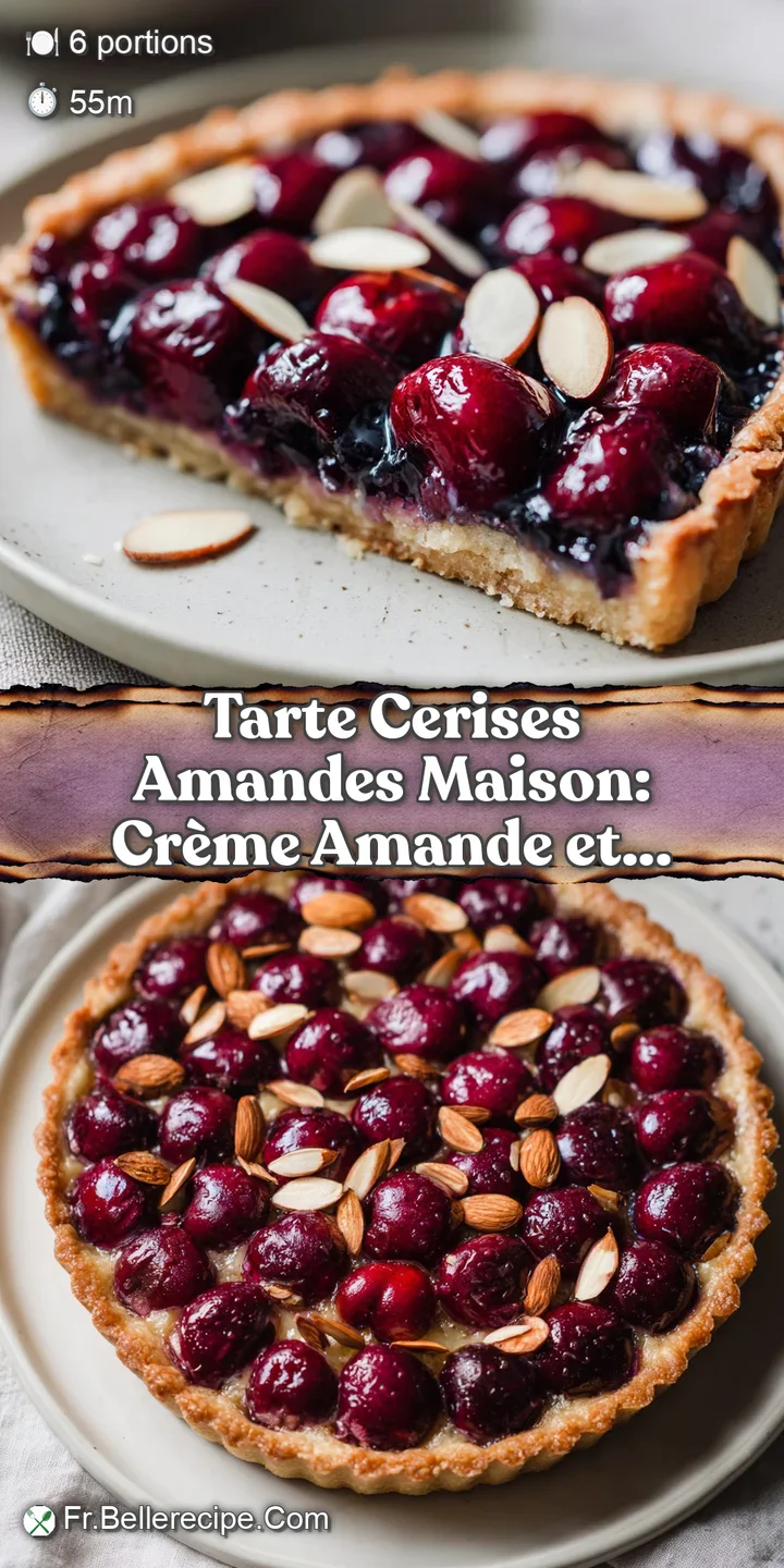Close-up of a cherry almond tart: a glistening, ruby-red cherries peek from a buttery, golden-brown crust, with toasted al...